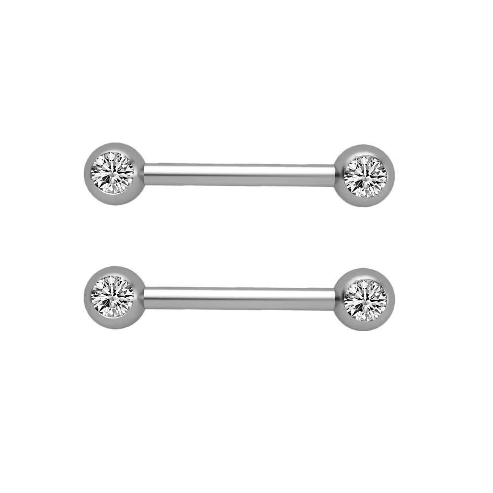 Kit2 Piercing Barra Aço Para Mamilo Formato Redonto Cristal (Rosca interna)