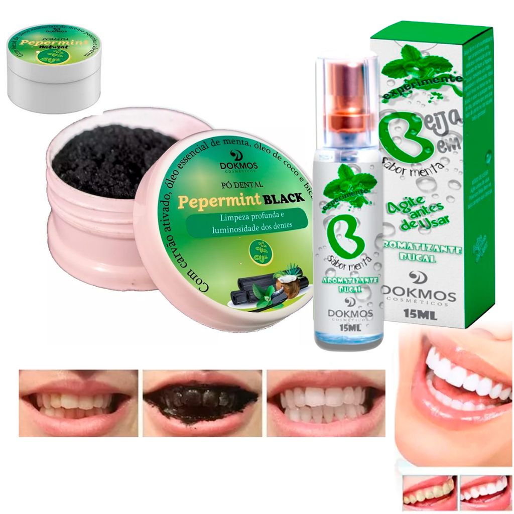 KIt Pó Clareador Dental Natural Carvão Ativado + Spray Bucal Beija Bem Dokmos de MENTA Refrescante