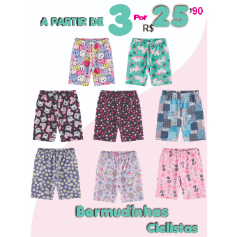 Kit C/ 3 Bermudas Ciclista em Malha Suplex Menina - Shortinhos Ciclista Femininos Infantil