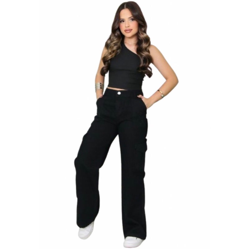 CALÇA JEANS FEMININA PRETA CARGO INFANTIL JUVENIL