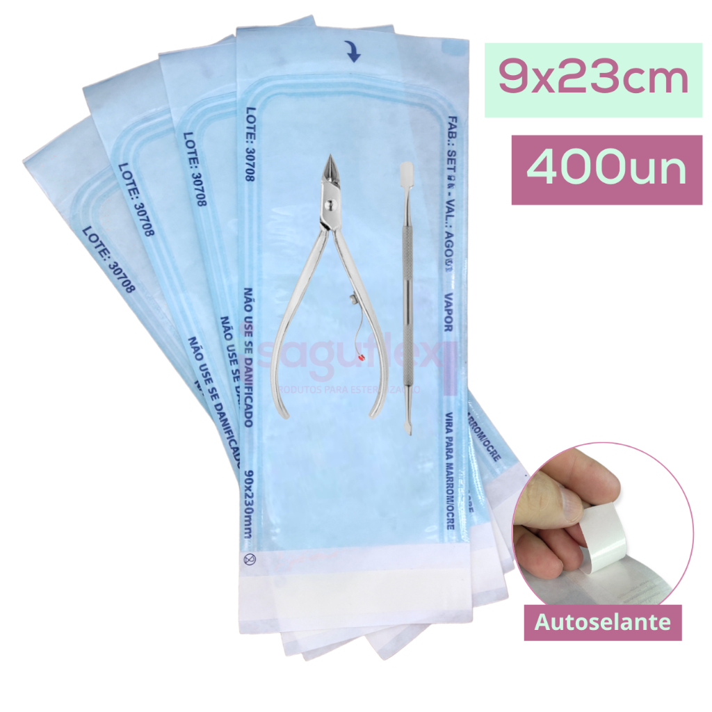Kit 400 unidades Envelope Esterilização Alicate  Cuticula Autoclave 9x23 cm Manicure Pedicure
