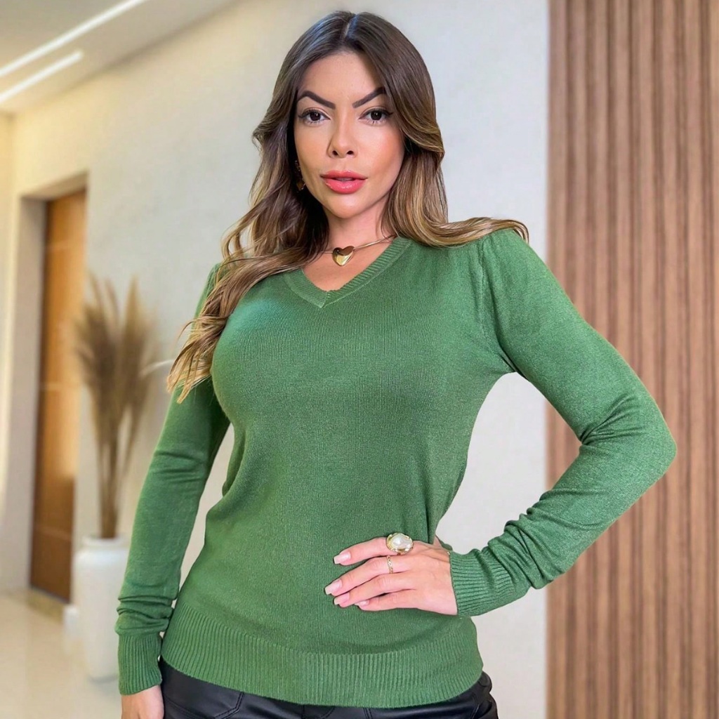 Blusa Feminina Suéter Moletom Básica De Modal Gola V Inverno