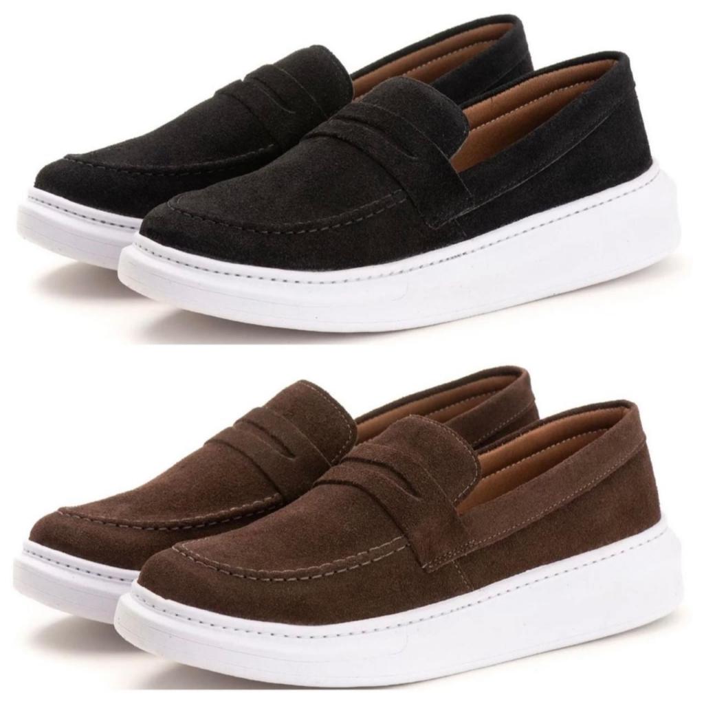 Kit 2 Pares de Sapato Oxford Masculino Loafer Mocassim Brogue de Couro Legitimo com Solado Costurado Elastico Ajustável
