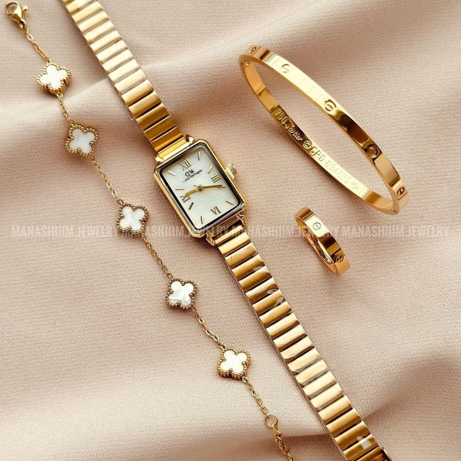 Kit Conjunto Relógio Feminino Dourado com Bracelete Pulseira e Anel Acessórios Femininos Relogio