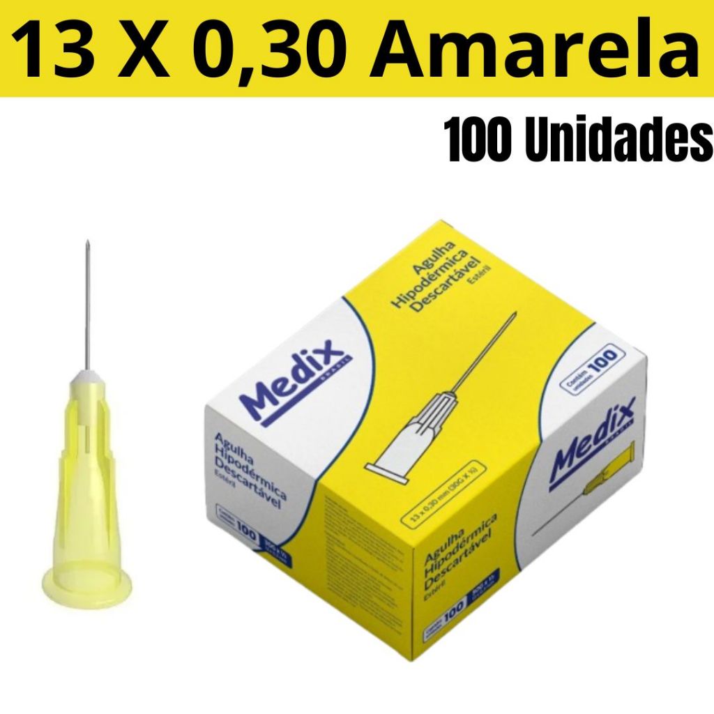 Agulha Hipodérmica Amarela Medix 13 x 0,30mm (30GX1/2) 25, 50 Ou 100 Unidades
