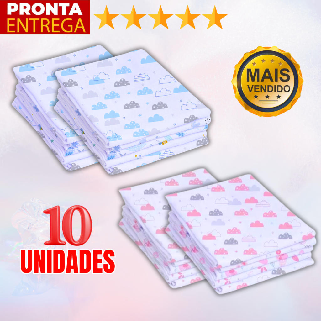 Kit 10 Unidades Fralda De Pano Estampada 60 x 60 Enxoval Infantil Bebê Menino Menina