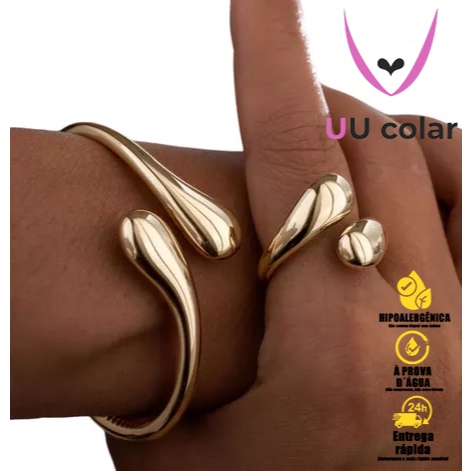 Conjunto Pulseira Anel Brincos de Metal Exagerada em Ouro com Design de Gota de Água – Acessório