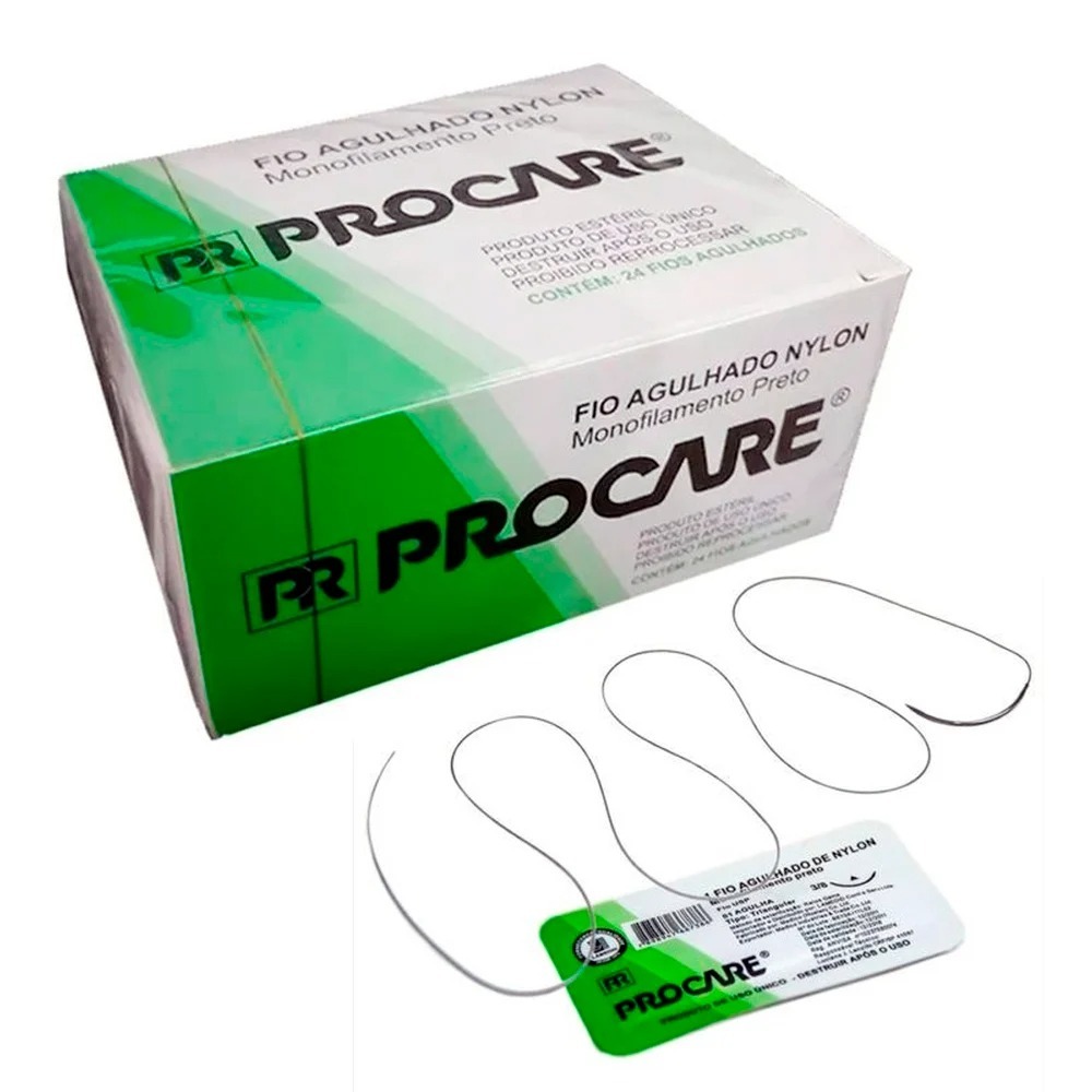 Fio Sutura Preto Agulhado Nylon 3/8 Ag 20mm- PROCARE Lote 4172481 Val 08-2029