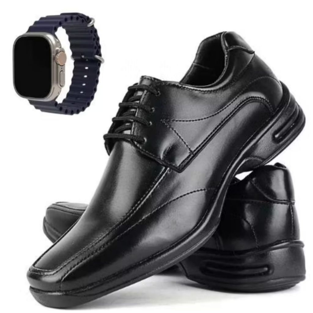 Sapato Social Masculino Ortopedico Ant-stress de Couro Premium Costurado Super Leve Confortável + Relogio