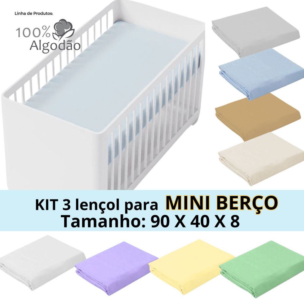 Kit com 3 lençol para mini berço com elástico percal 180 fios