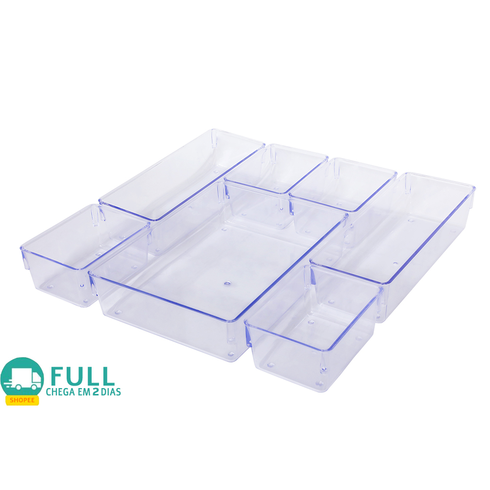 Kit 7 Organizadores Multiuso para Gavetas Armarios Geladeiras Pote Acrilico Cristal e Fume ou 4 