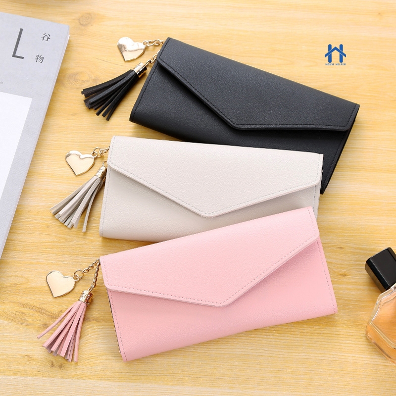 Bolsa Carteira Feminina Grande Porta Cartões de Couro Colorido com Chaveiro e Franja