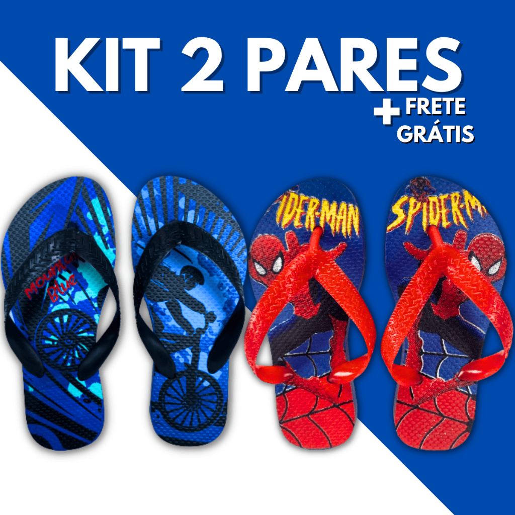 Kit 2 Pares Chinelo Sandalia Masculino Infantil Calçado Menino Criança Confortável Macio Estampas Personagens Masculina