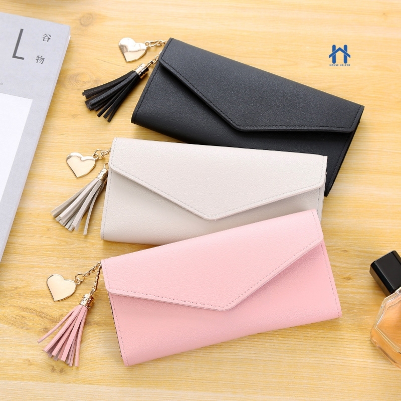 Bolsa Carteira Feminina Grande Porta Cartões de Couro Colorido com Chaveiro e Franja