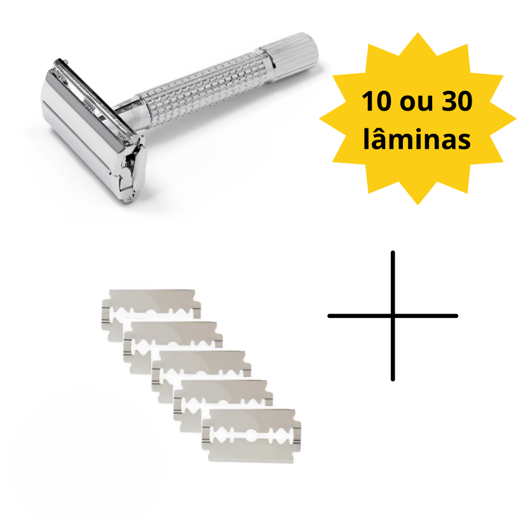 Aparelho de Barbear Retrô Clássico Articulado Antigo + 10 ou 30 Lâminas Aço Inox Profissional