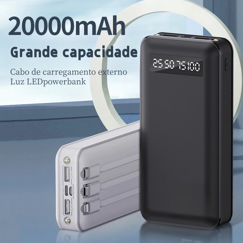 Carregador Power Bank Portátil  Carregador de Bateria Externo Embutido 4 Cabos 20000mAh