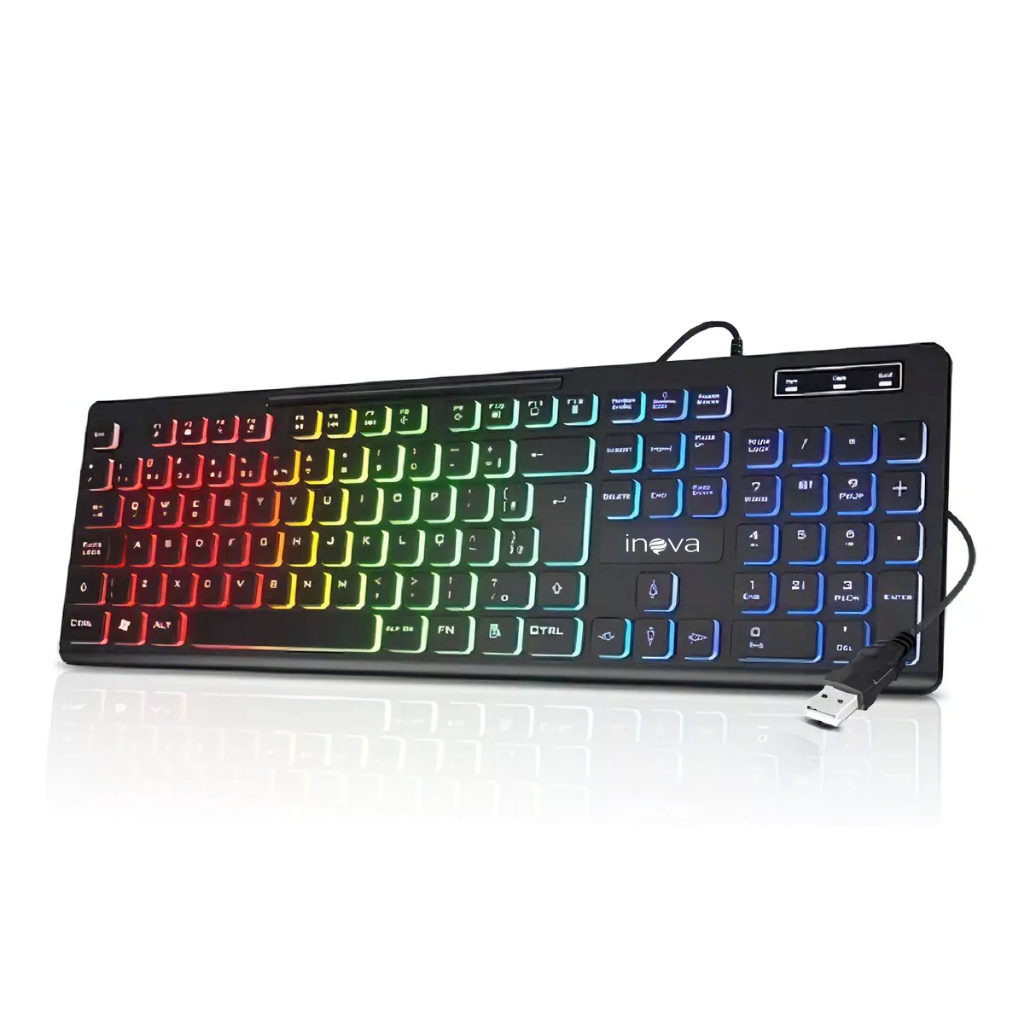 Teclado Gamer LED com fio RGB Multimídia Original Inova