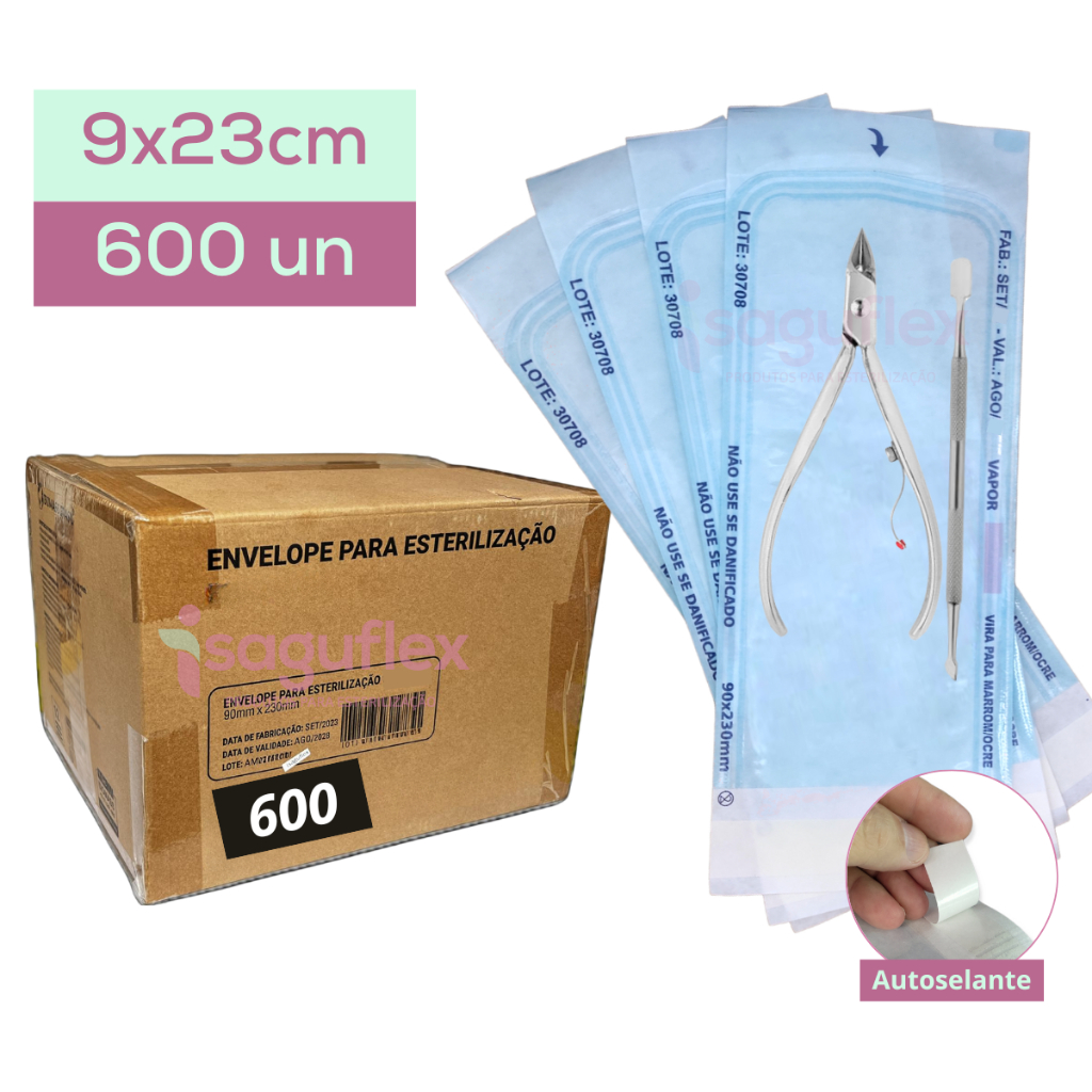 600 Unidades Envelope 9x23cm Autoclave manicure Esterilização Auto Selante Papel Grau Cirúrgico