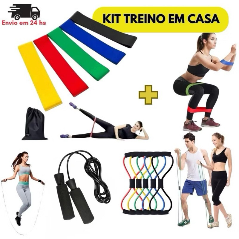 Kit Treino em Casa Fitness Cross Fit Elástico + Corda Fit + 5 Faixas Mini Band