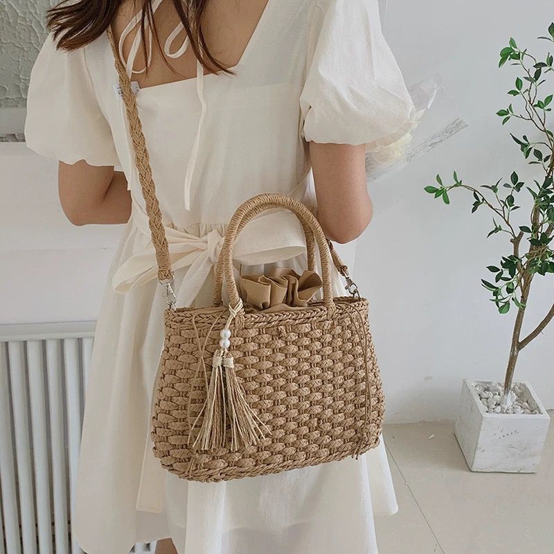 Bolsa em Palha Quadrada Moda Frances Tiracolo Tote Multiuso
