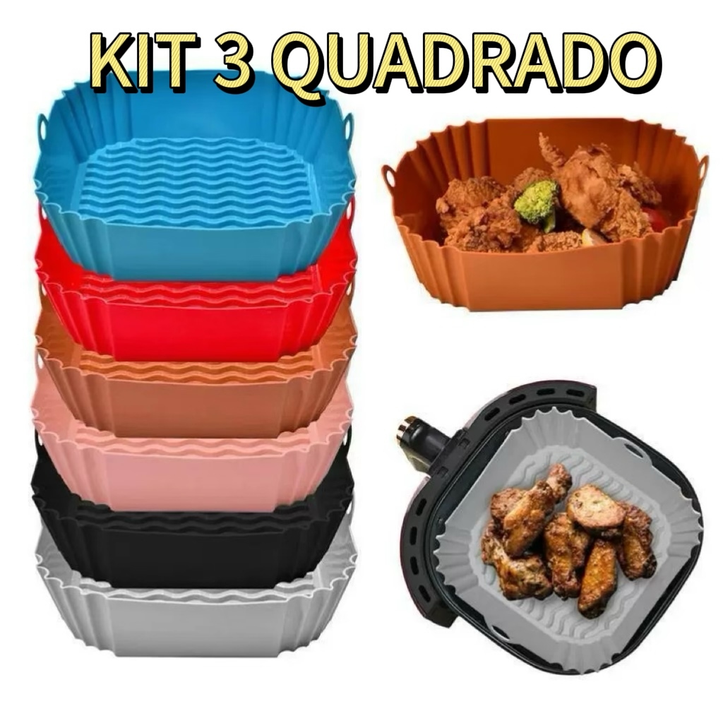 KIT 3 Formas de Silicone Grande Quadrada Antiaderente Assadeira Air Fryer e Forno para Fritadeira Elétrica com Alça
