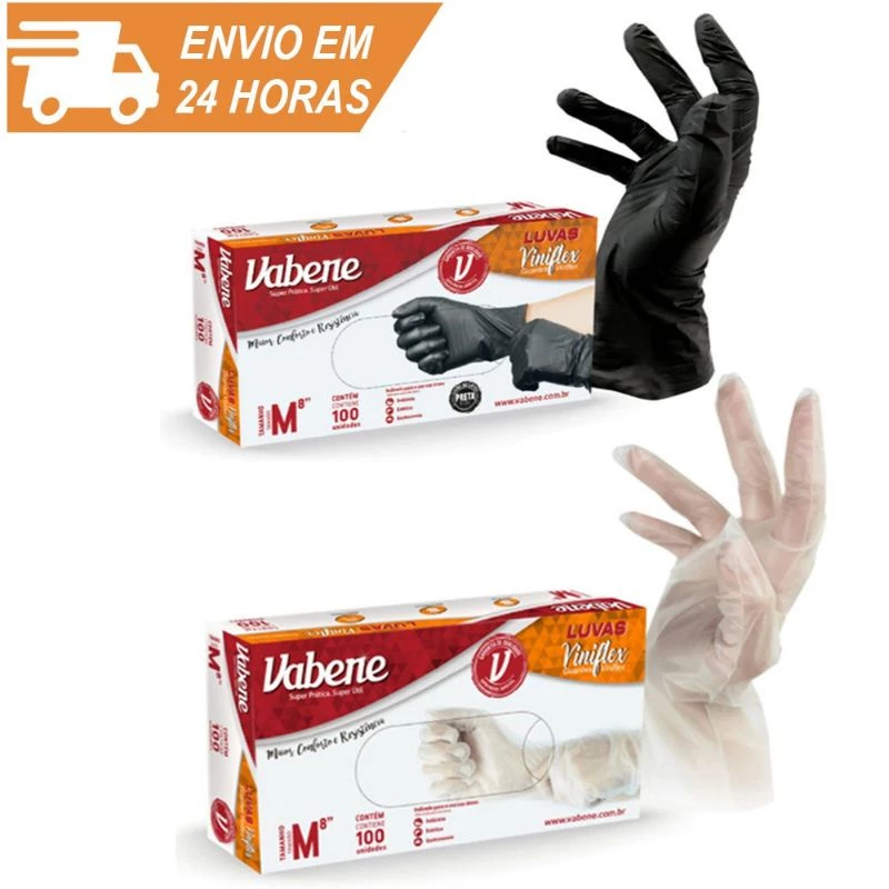 Luva Viniflex Descartável 100 Unidades Não Vinil Vabene - Preto ou Transparente