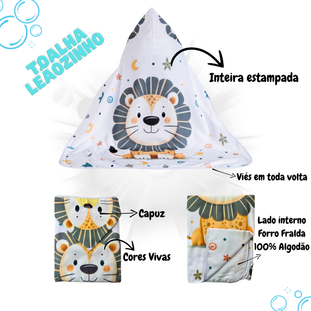 Toalha de banho Leão Safari capuz bebê infantil dupla camada fralda 100% algodão 75 x 95 cm