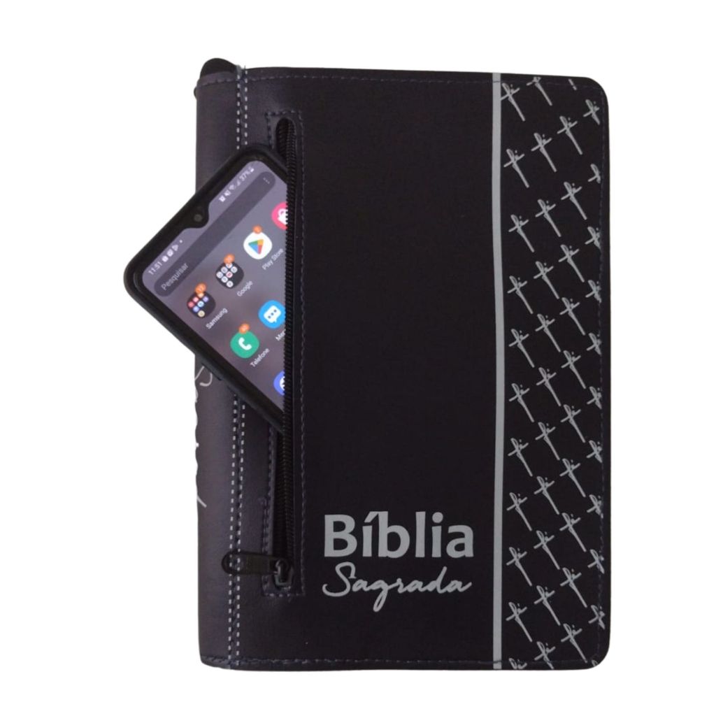 Capa para Bíblia de Estudo Grande com Zíper e Bolso Externo Couro Sintético - Número 13