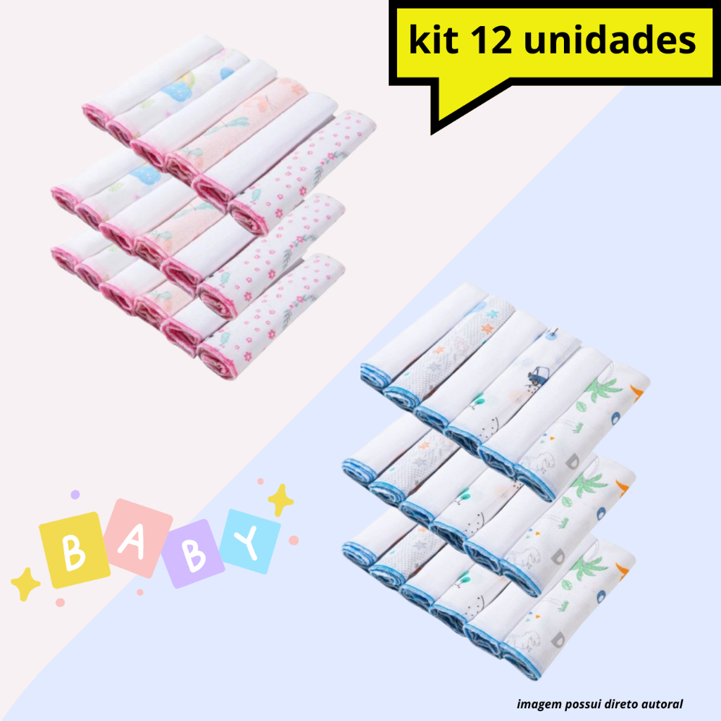 12 Unidades Pano de Boca Bebe Fralda de Boca Babete 100% Algodão 30cm x 30cm