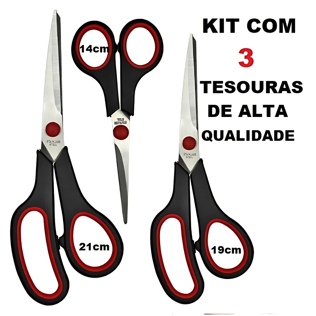 Kit 3 Tesouras Profissionais Multiuso Costura Artesanato Domestico