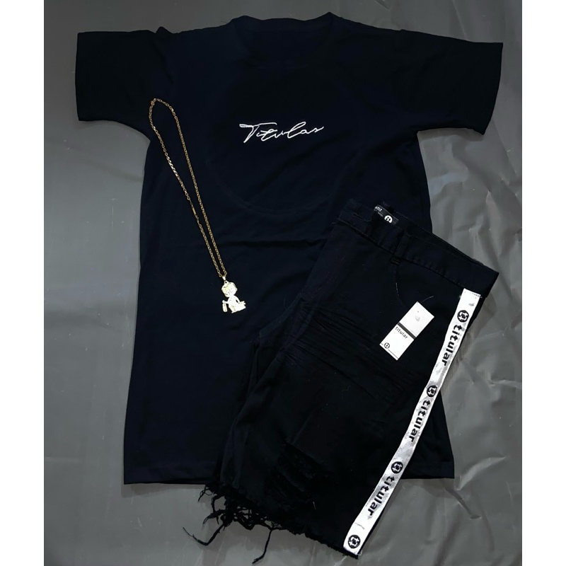 Conjunto Titular Jeans (camisa estilo jogador + short jeans + cordão)