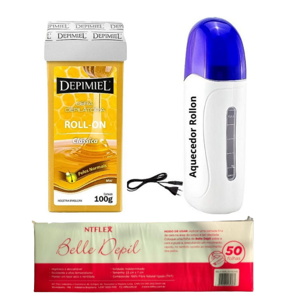 Kit Aquecedor Cera Roll On + Cera Depilatória + Papel Removedor