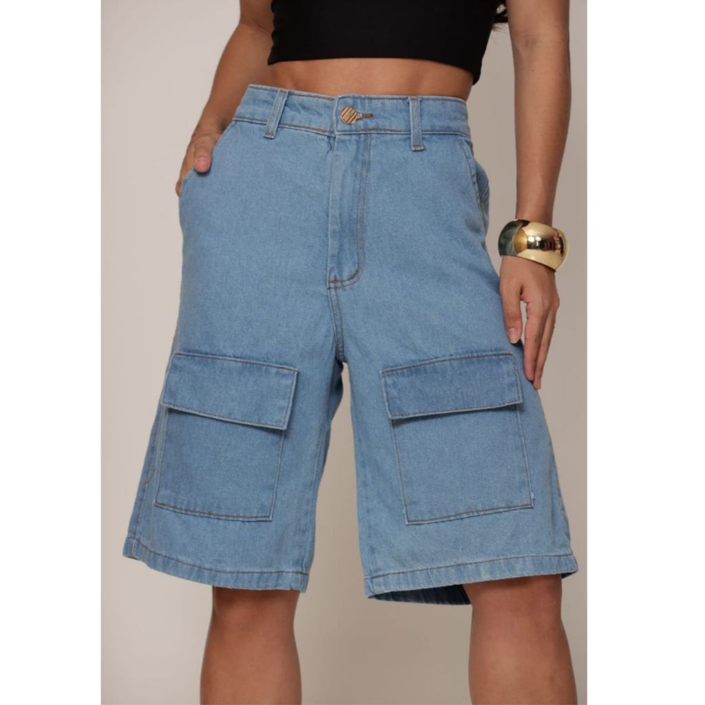 bermuda jeans feminina jeans clara com bolsos frontais moda blogueira.