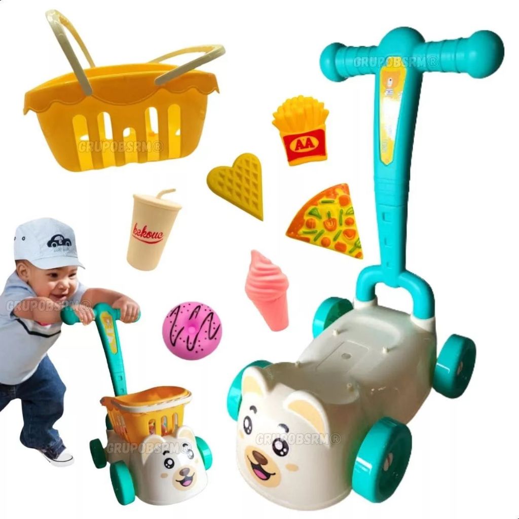 Kit 2 em 1 carrinho de empurrar bebe andador infantil com brinquedos de mercadinho comidinha presente menino 3 anos