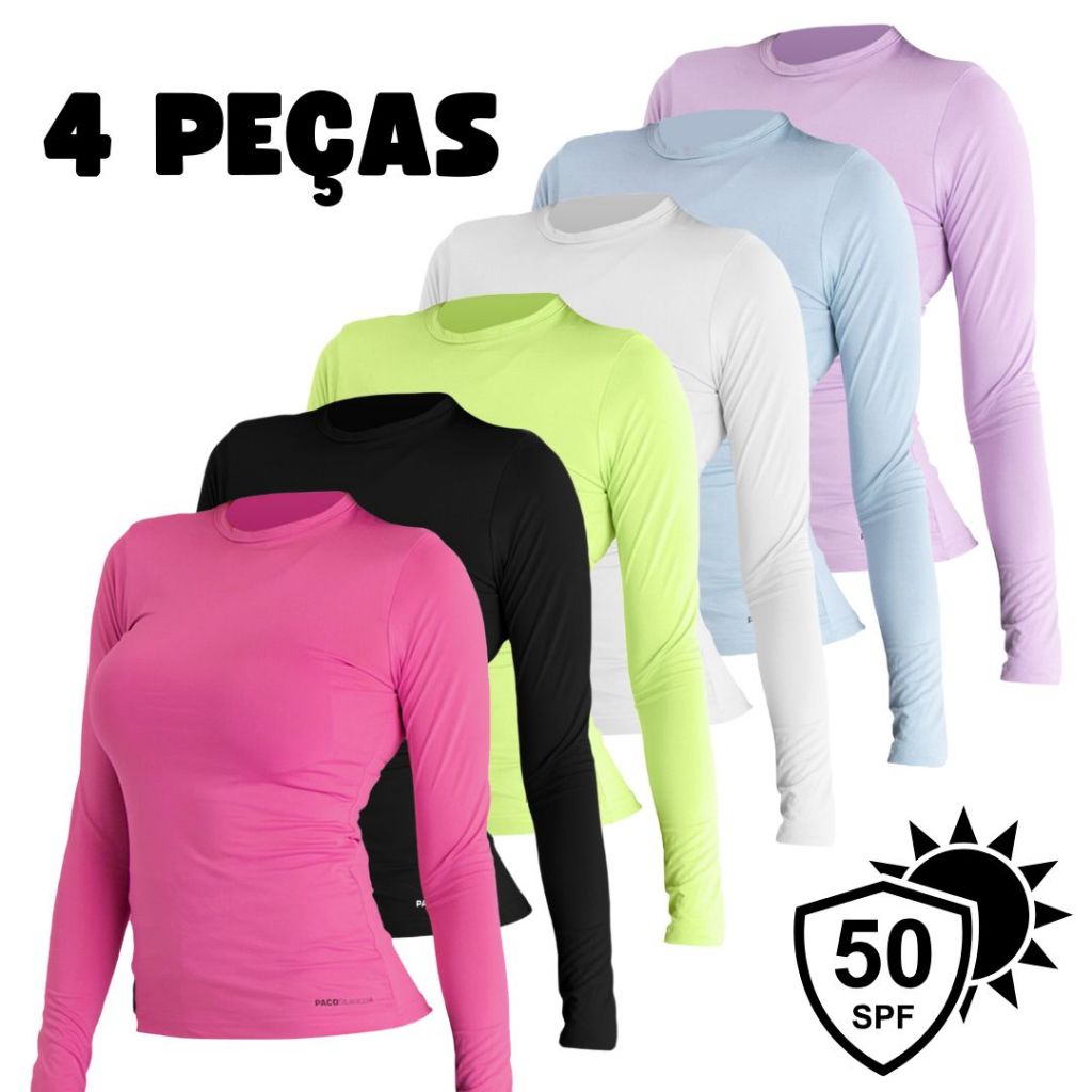 4 CAMISETAS TÉRMICAS Manga Longa Feminina Com Proteção UV 50+ Blusa Malha Fria Segunda Pele Academia