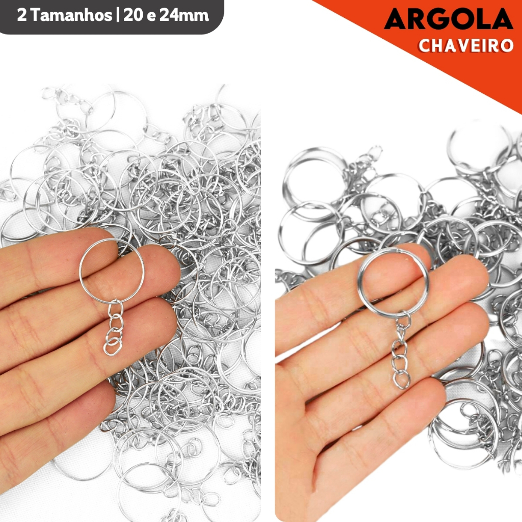 Argola Para Chaveiro Com Corrente - Tamanhos: 20mm / 24mm  - Pacote Com 50 / 100 Unidades - AV