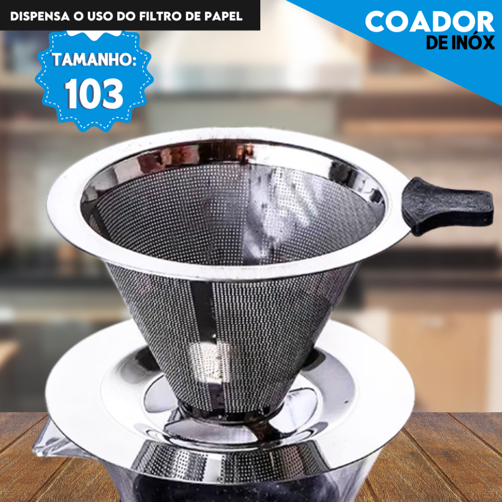 Filtro Coador De Café Inox 103 - Com Pegador em Silicone - Peneira Aço Reutilizável  - BNVT