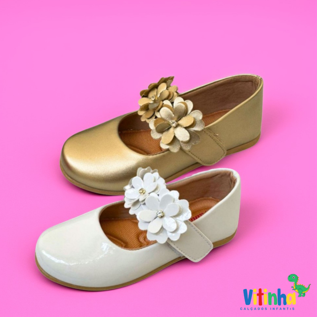 Sapatilha Infantil Feminina Menina Moda Barato Brancoe Dourado de Flores