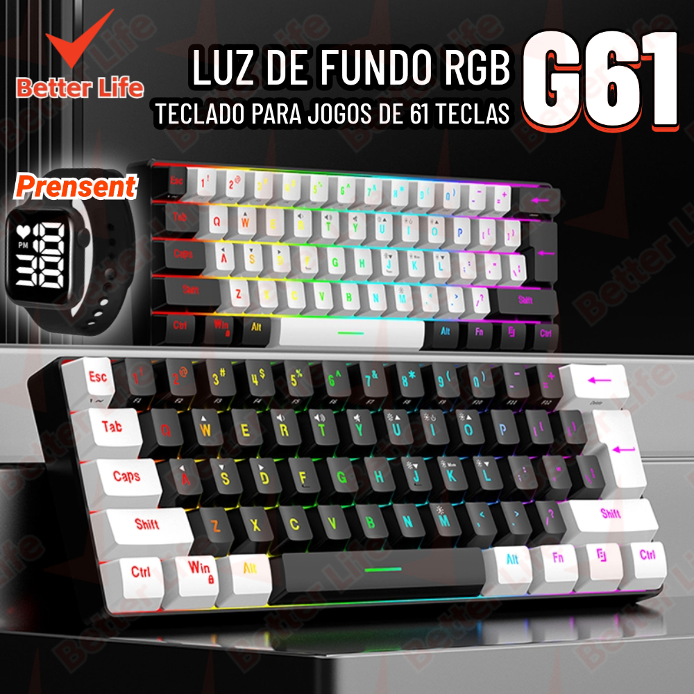 Teclado para jogos com fio 61-Key RGB Backlight Mini Compact USB-C Cabo de alimentação plugável-BT