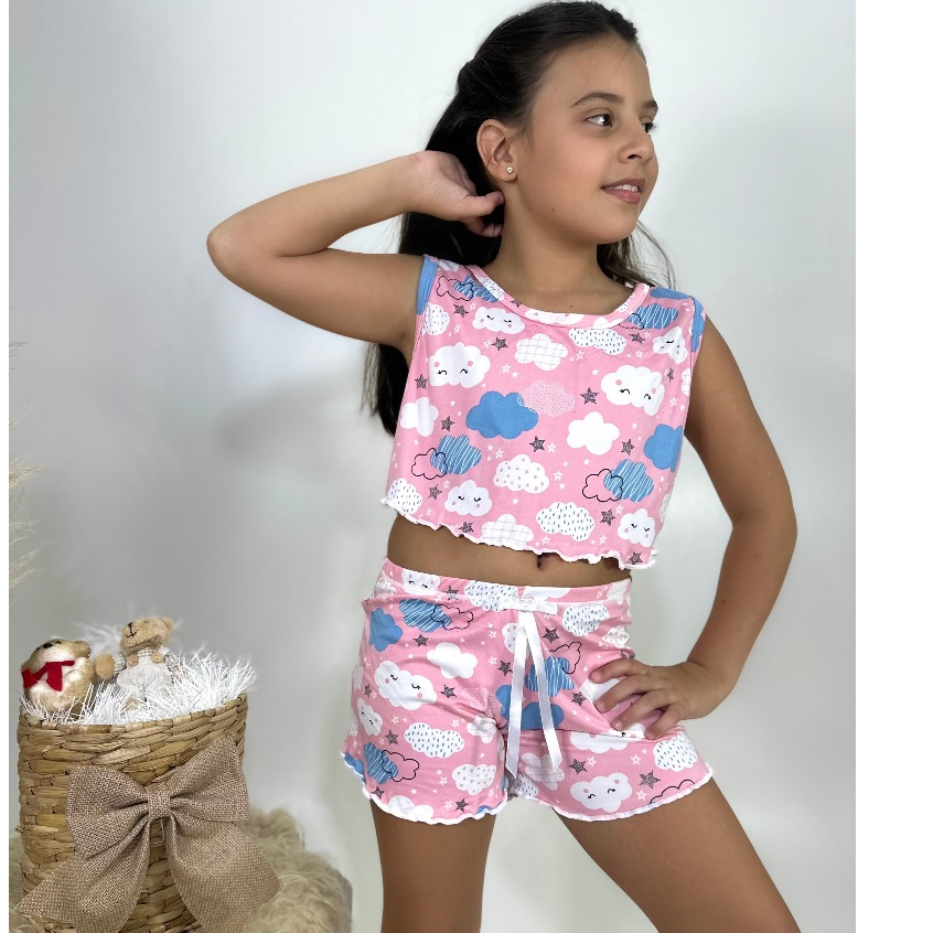 Babydool infantil juvenil croped verão pijama suede