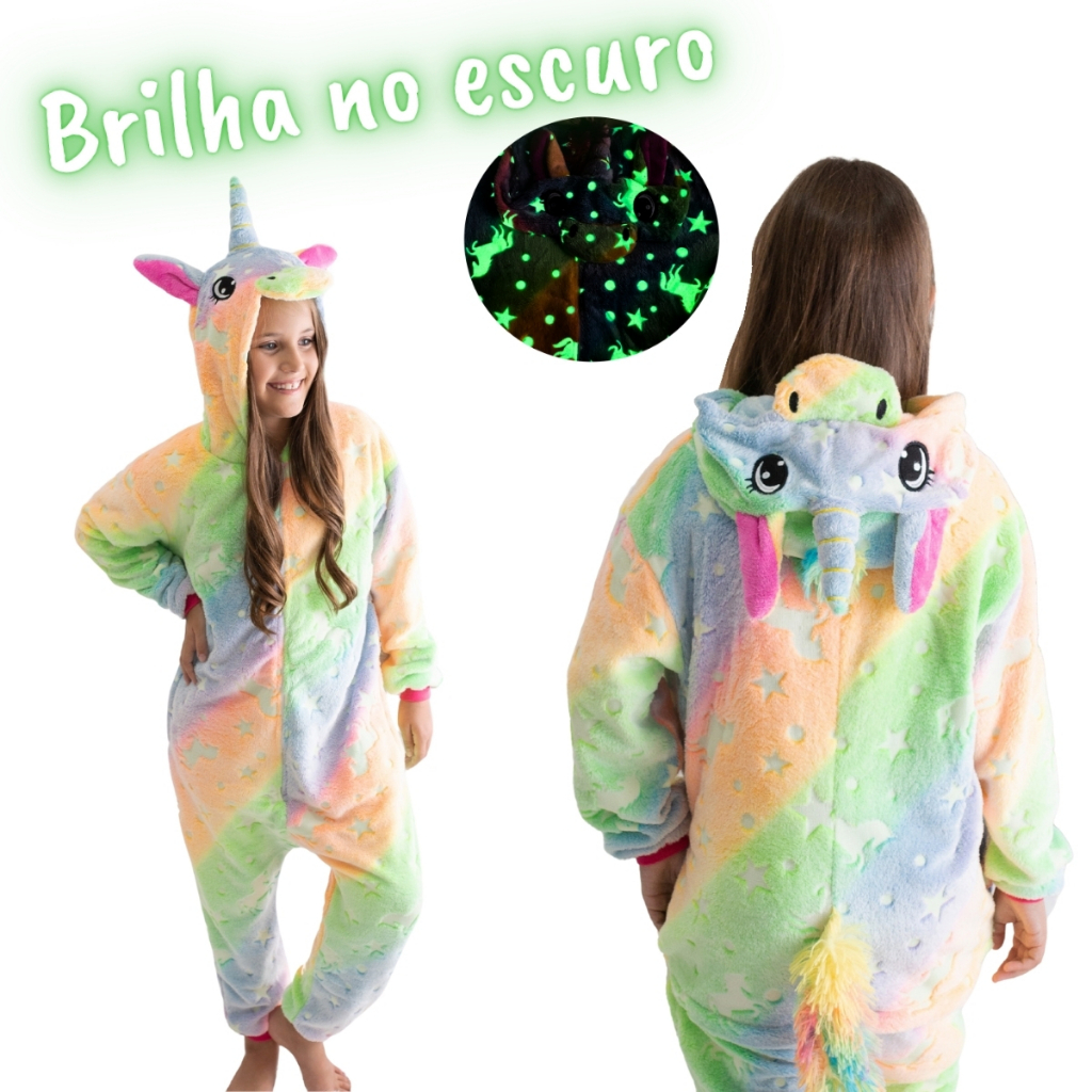 Pijama Macacão Infantil Unicórnio Kigurumi Menina Brilha no Escuro - Com Nota Fiscal