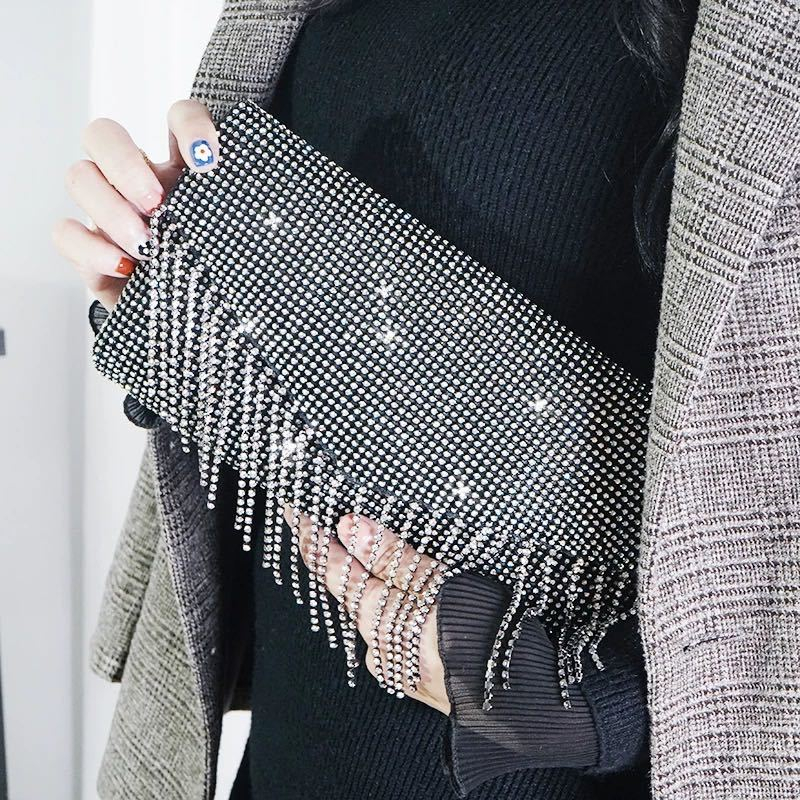 Bling Strass Franja Bolsa De Embreagem Feminina Prata Crystal Flap Cover Envelope Noturna Clube De Noiva Sacos Noturnos