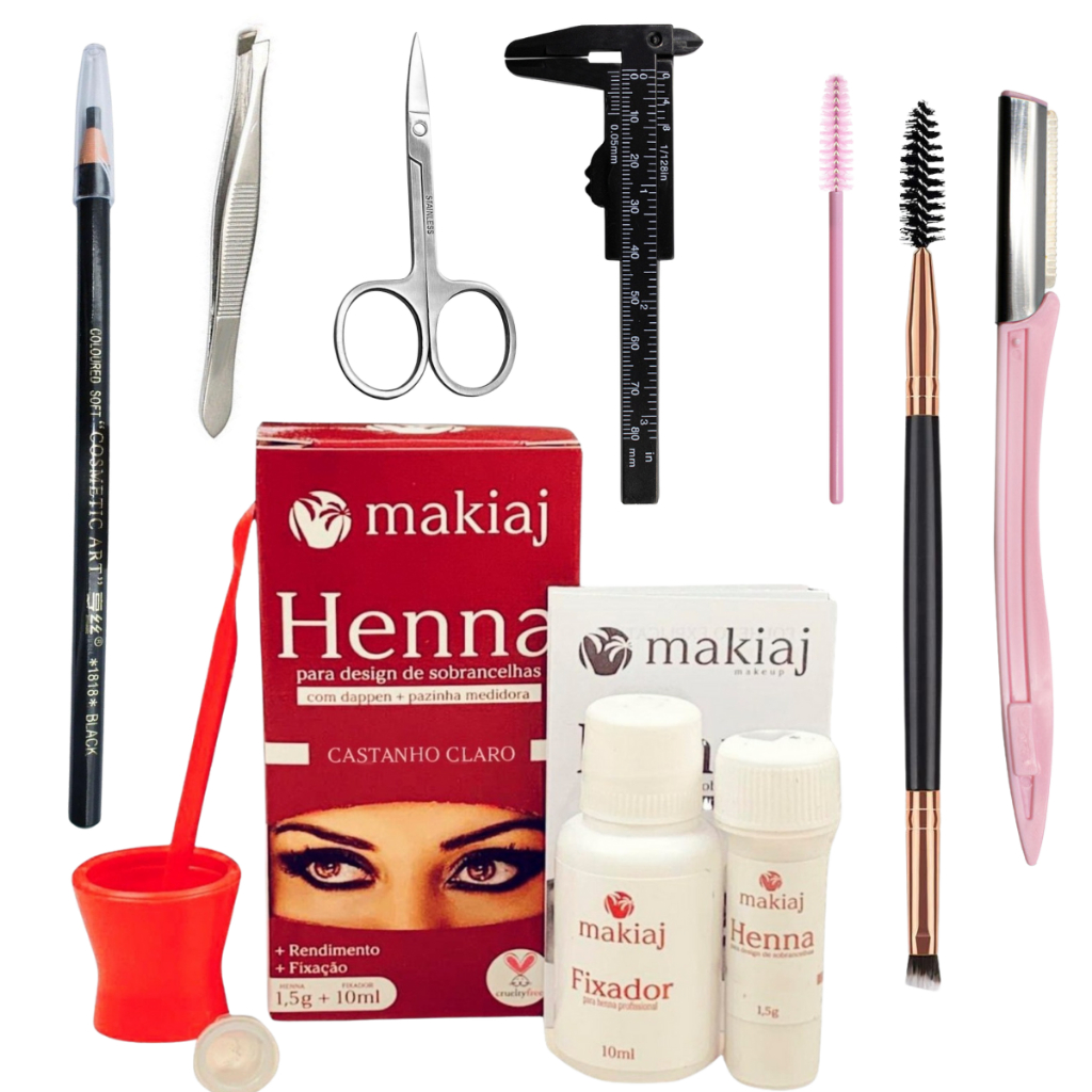 Kit Design de Sobrancelha Makiaj Henna Rena Navalha Pinça Tesoura Lapis Pincel Paquimetro Escovinha