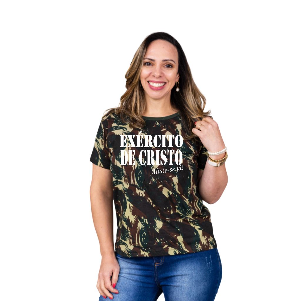 Camiseta Femina Blusa Tshirt Camuflada Exercito de Cristo