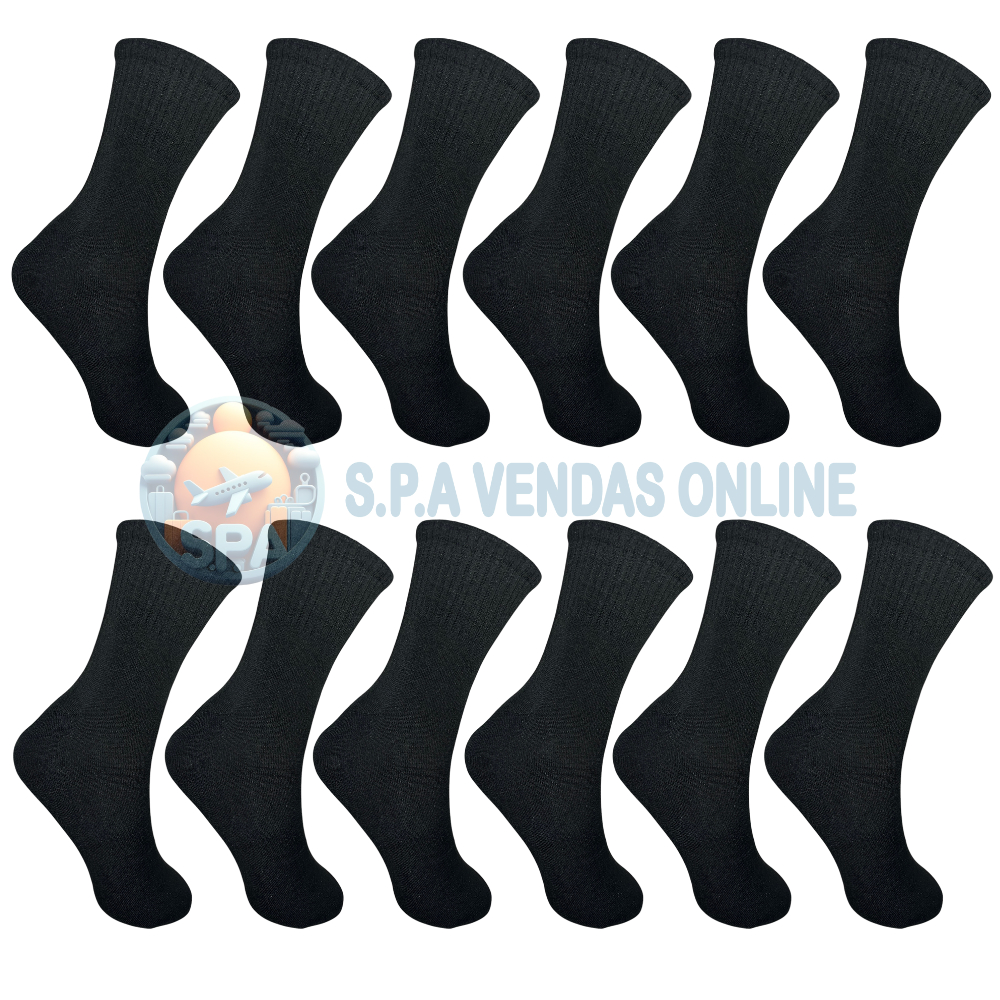 Kit com 24 Pares Meia de Cano longo masculina PRETA com Algodão