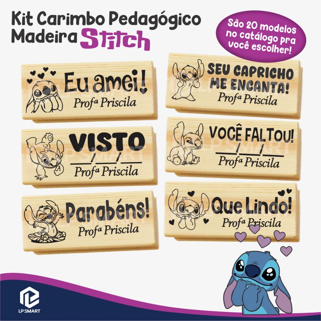 Kit Carimbo Pedagógico STITCH 1,5x4cm Madeira Professor Incentivo Escolar Infantil Educação Escola