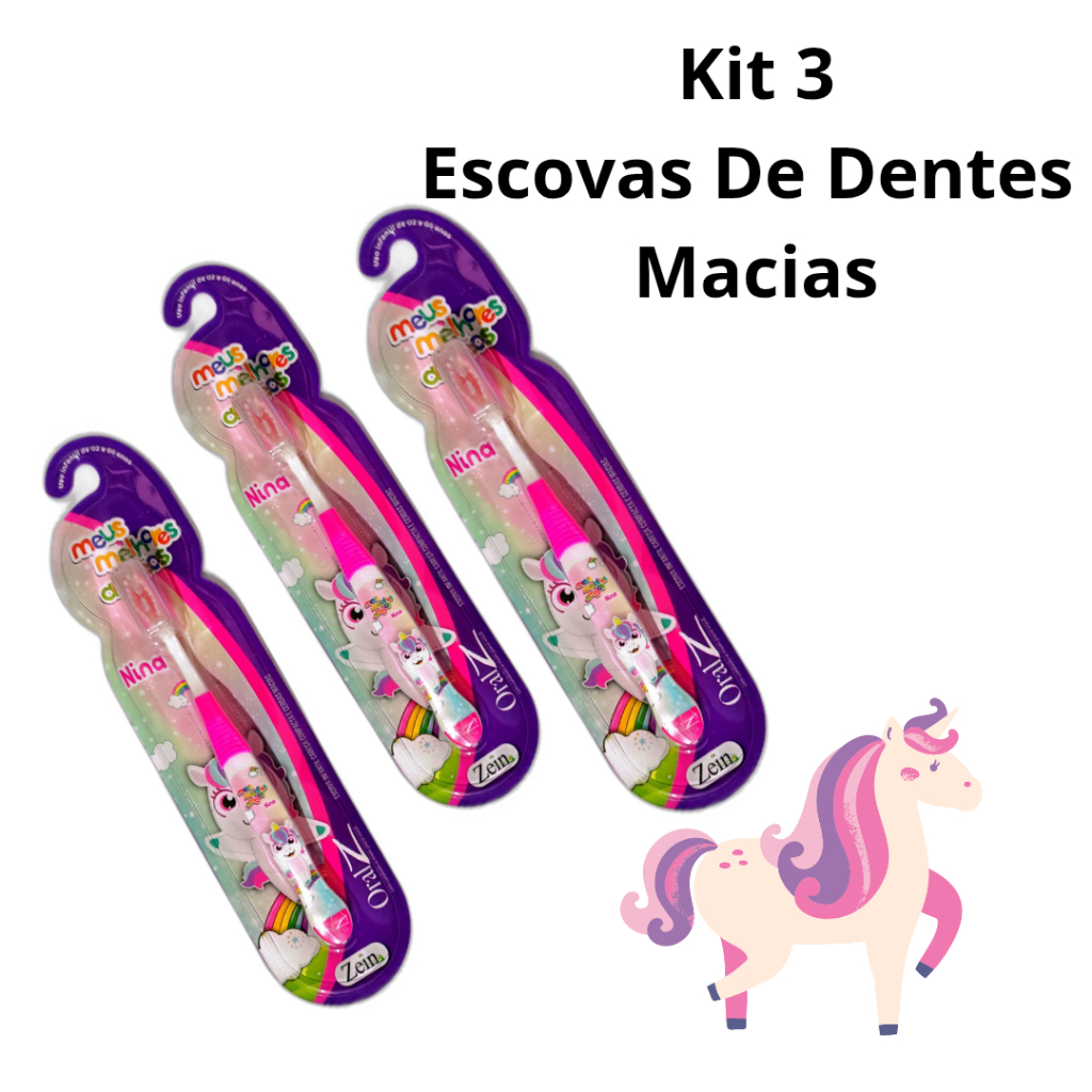 Kit 3 Escovas De Dentes Macia  Infantil Criança Unicórnio Rosa