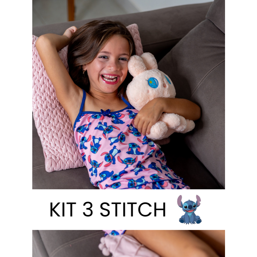 Kit 3 Pijama Infantil Stitch Menina Baby Doll de Microfibra