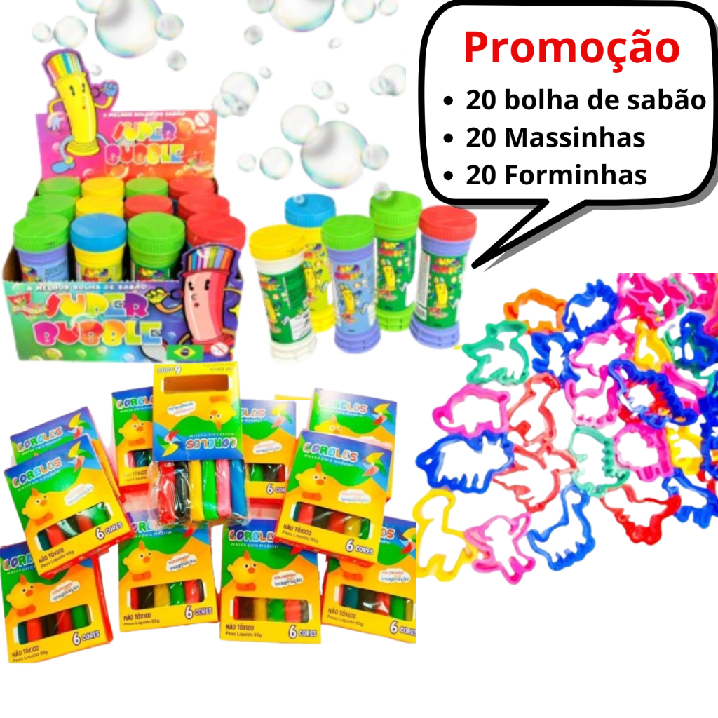 Kit 20 Cx Massinha de Modelar + 20 Bolha de Sabão + 20 Cortador Molde Festa Lembrancinha Infantil