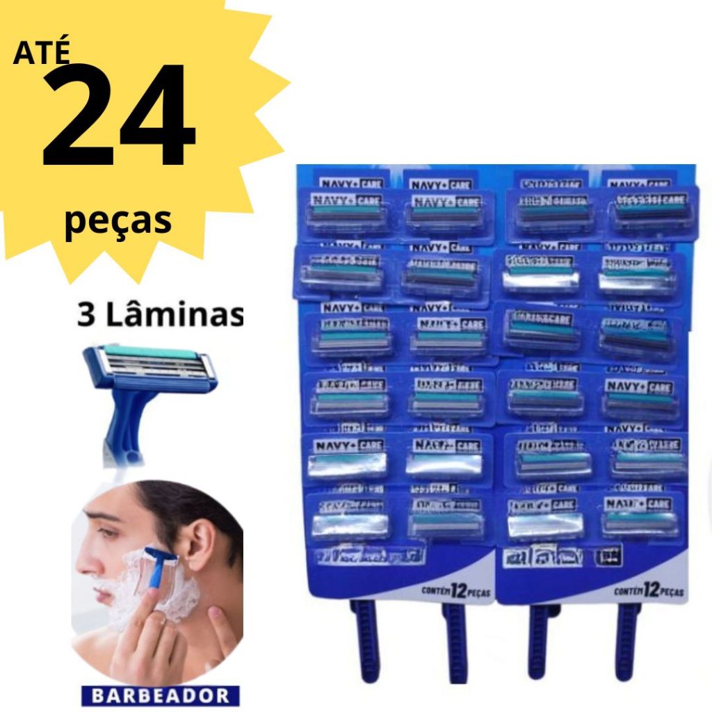 Kit até 24 Gilete Barba 3 Lâminas Profissional Aparelho Barbear Barbeador Barba Cabelo Bigode Axilas Perna